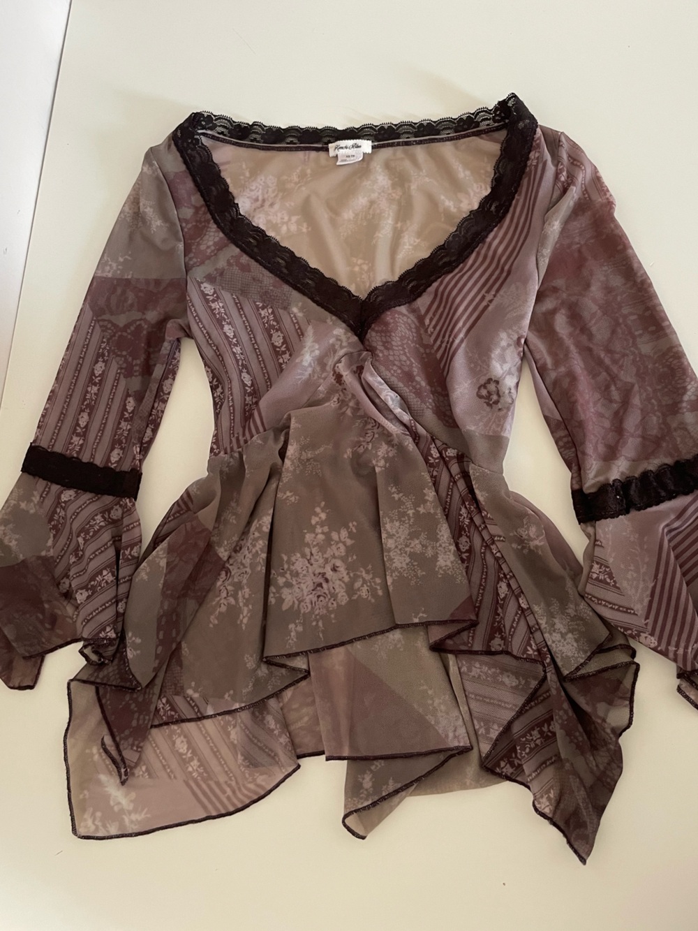 Kimchi Blue Sheer Brown Blouse with Lace Trim and Bell Sleeves
